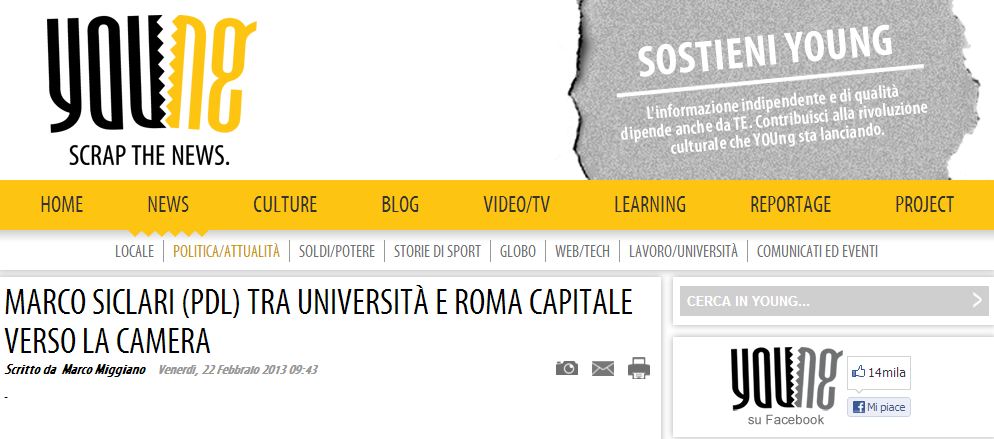 22/02/2013 YUNG SCRAPS NEWS INTERVISTA A MARCO SICLARI: TRA UNIVERSITA’ E ROMA CAPITALE VERSO LA CAMERA.